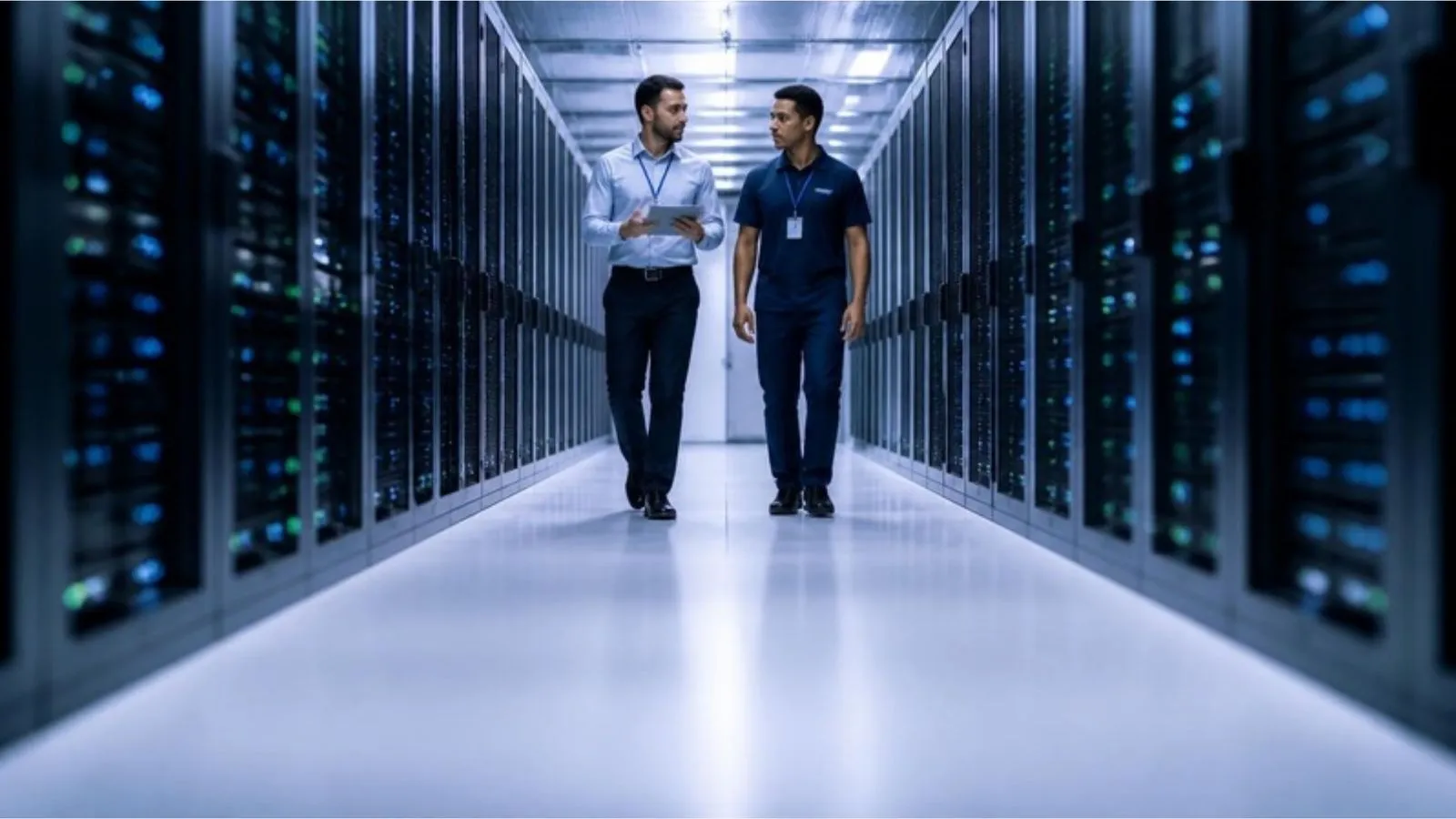 Gestor de TI e técnico caminham conversando no corredor de um data center