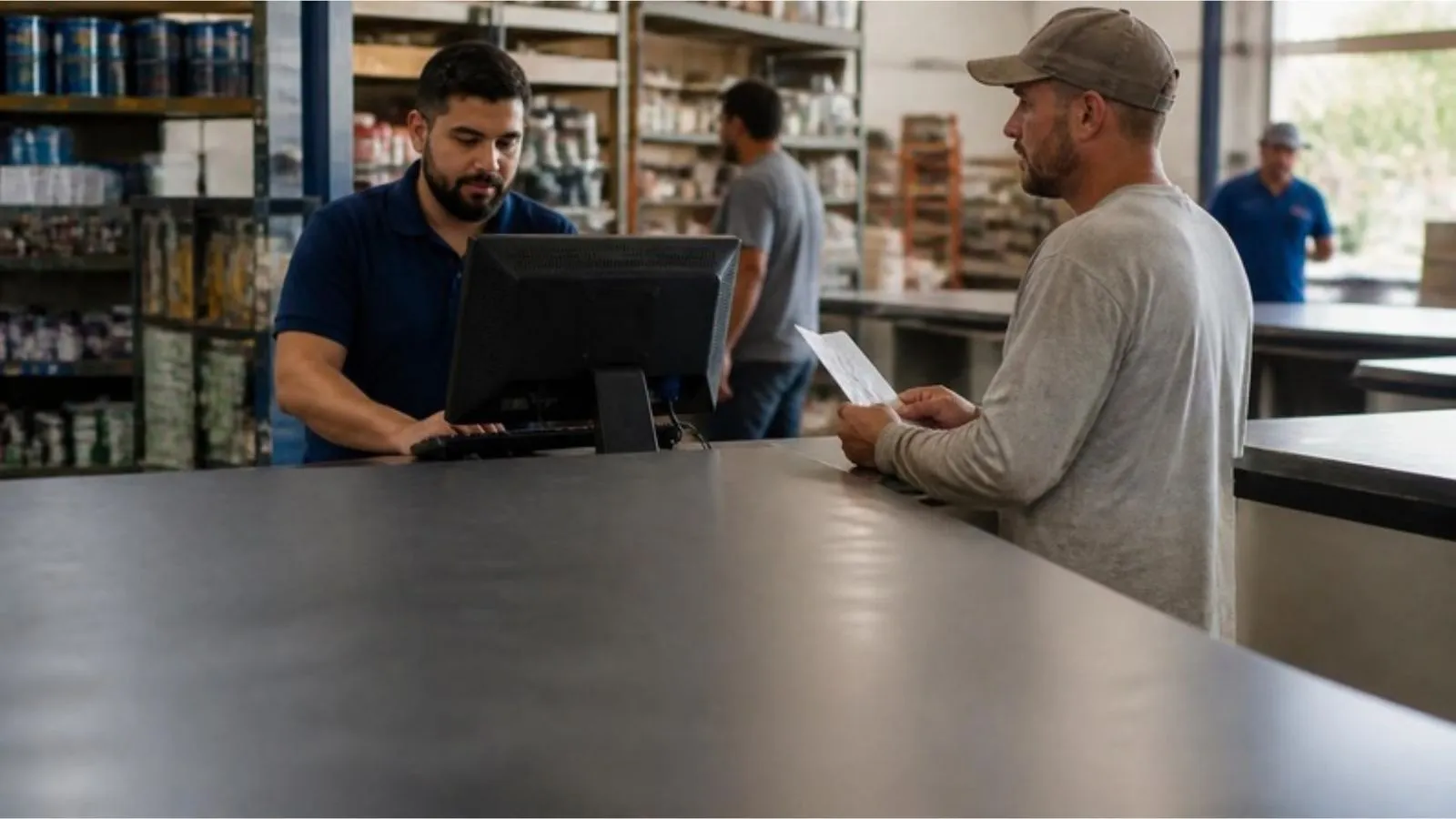Vendedor consulta o estoque no computador do balcão enquanto um cliente espera, numa loja de materiais