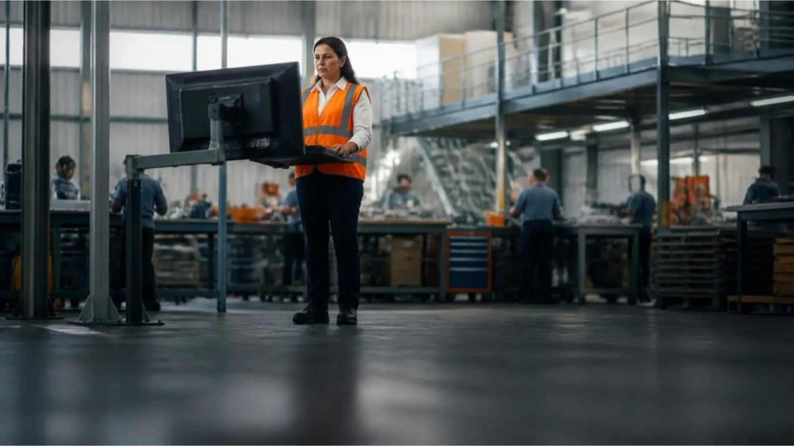 Gerente de produção confere o painel da linha num monitor, no galpão de uma fábrica