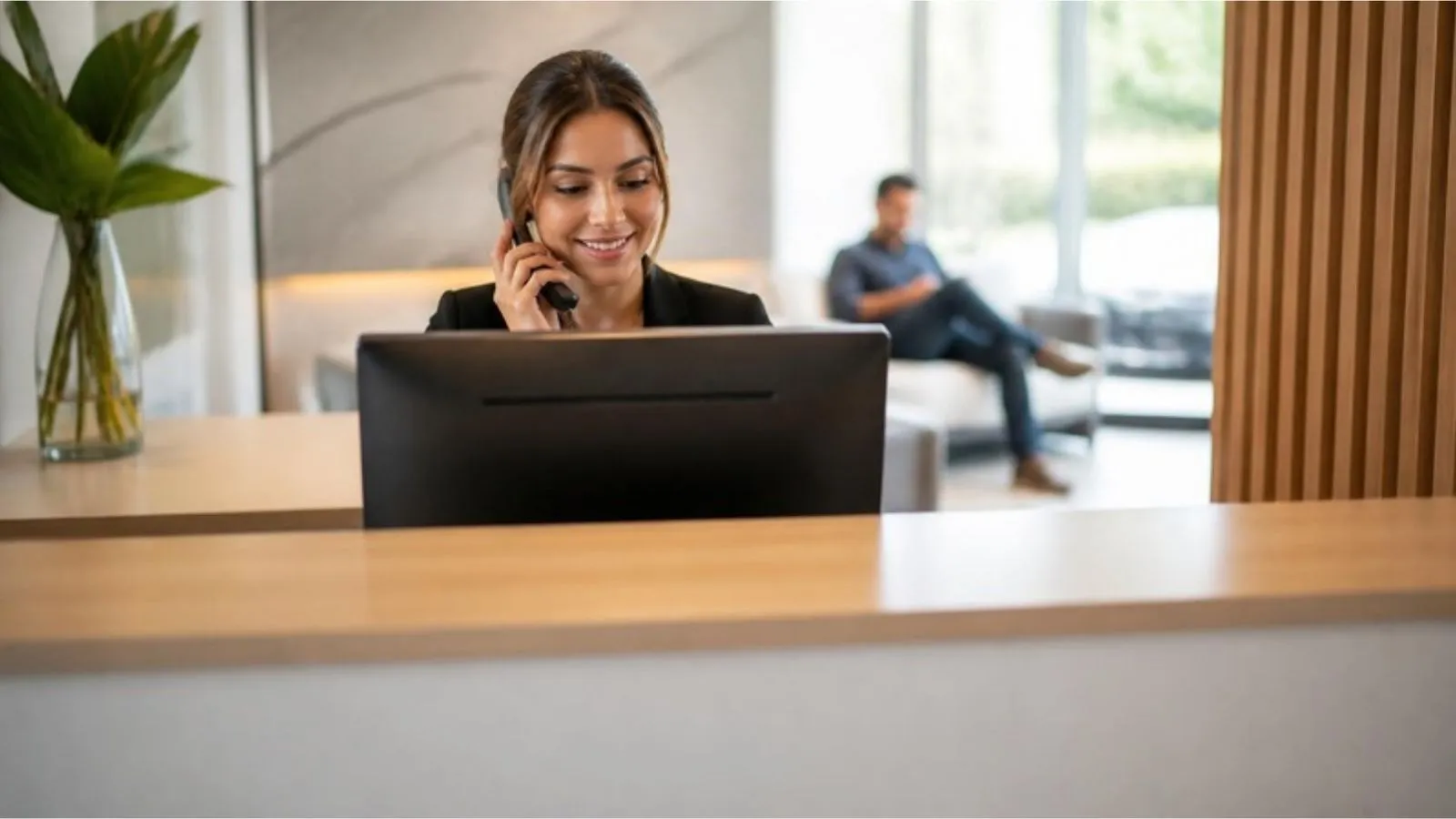 Recepcionista de uma clínica atende o telefone sorrindo, com um paciente aguardando ao fundo